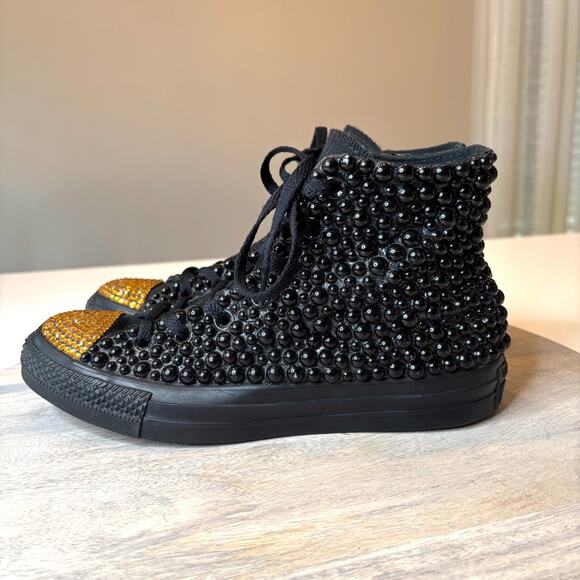 Converse Women's Black and Gold Bling Rhinestone All Star Sneakers US Size 8 - Picture 2 of 12